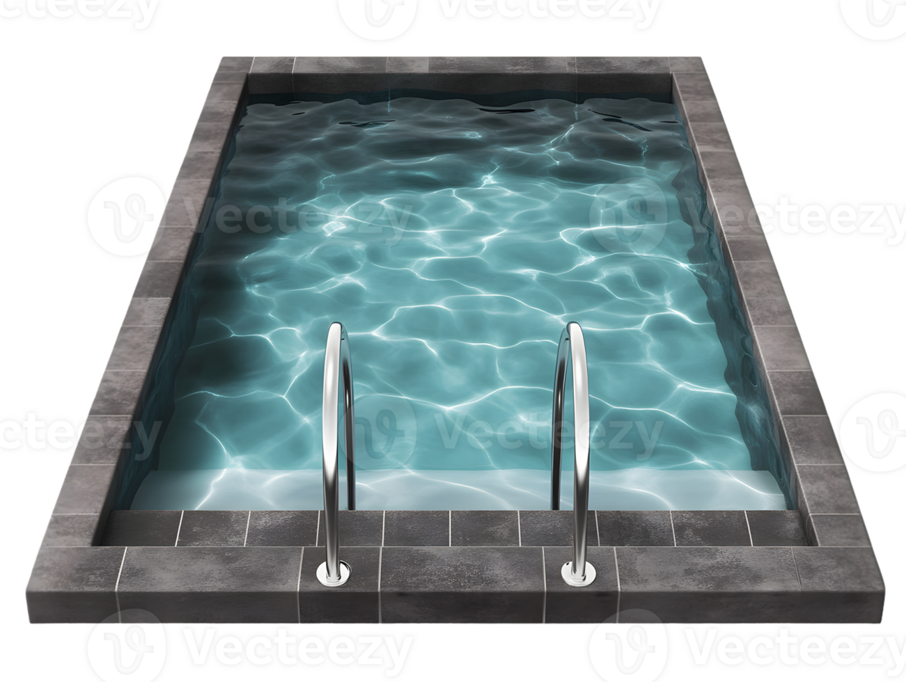 Overhead View of a Teal Rectangular Swimming Pool with Stainless Steel Handrails png