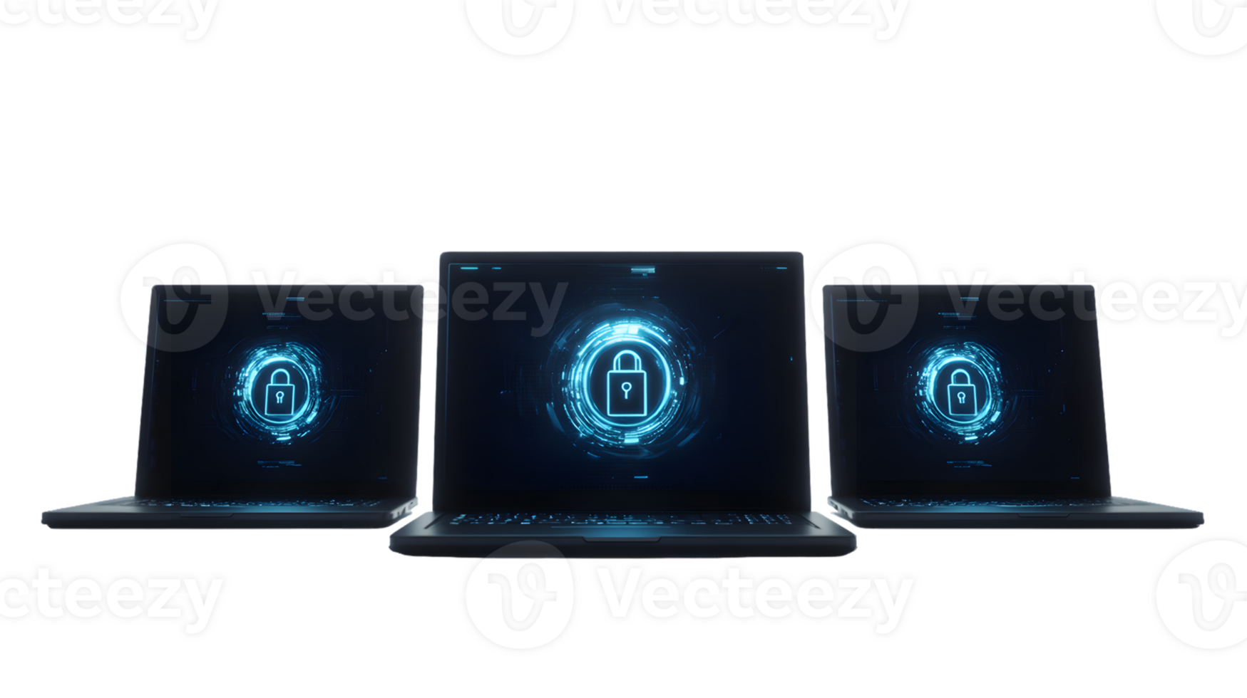 Three Laptops with Glowing Blue Circular Logo on Transparent Background png