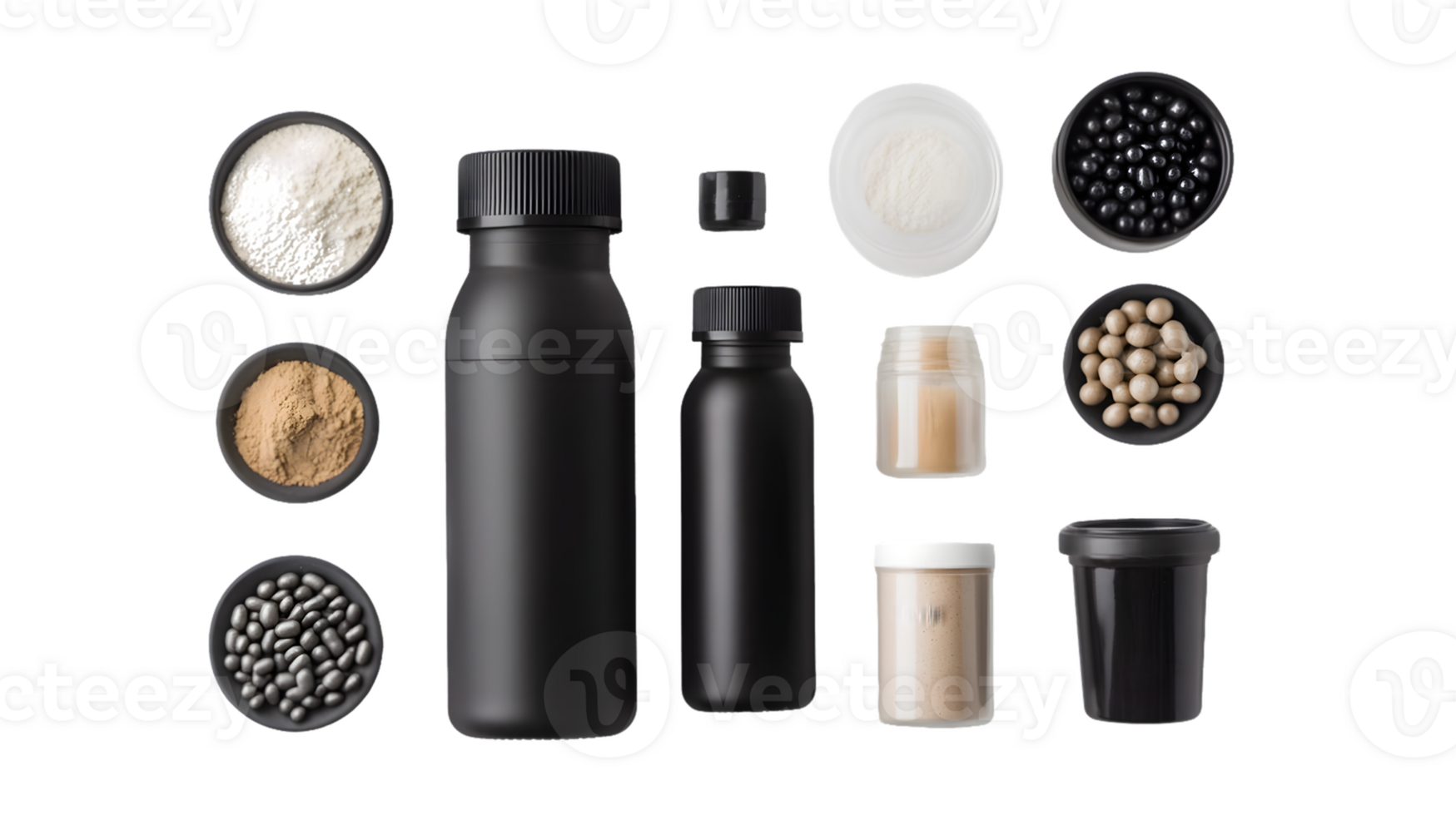 Black Containers and Bowls of Pills, Powders, and Granules on Transparent Background png