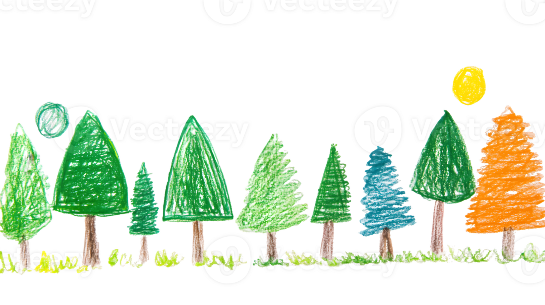 Colorful Childlike Crayon Drawing of Trees and Sun png