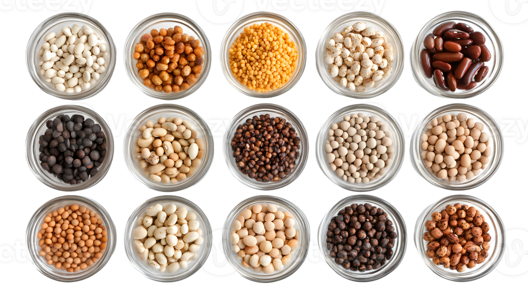 Colorful Assortment of Beans and Lentils in Glass Bowls png