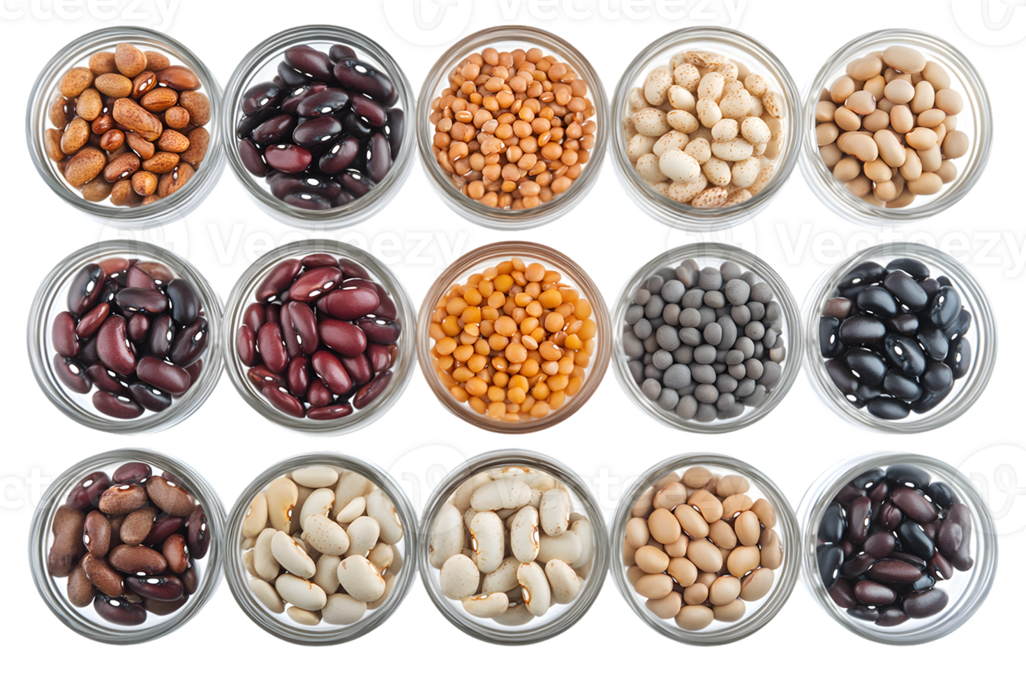 Colorful Assortment of Dried Beans and Lentils in Glass Bowls png