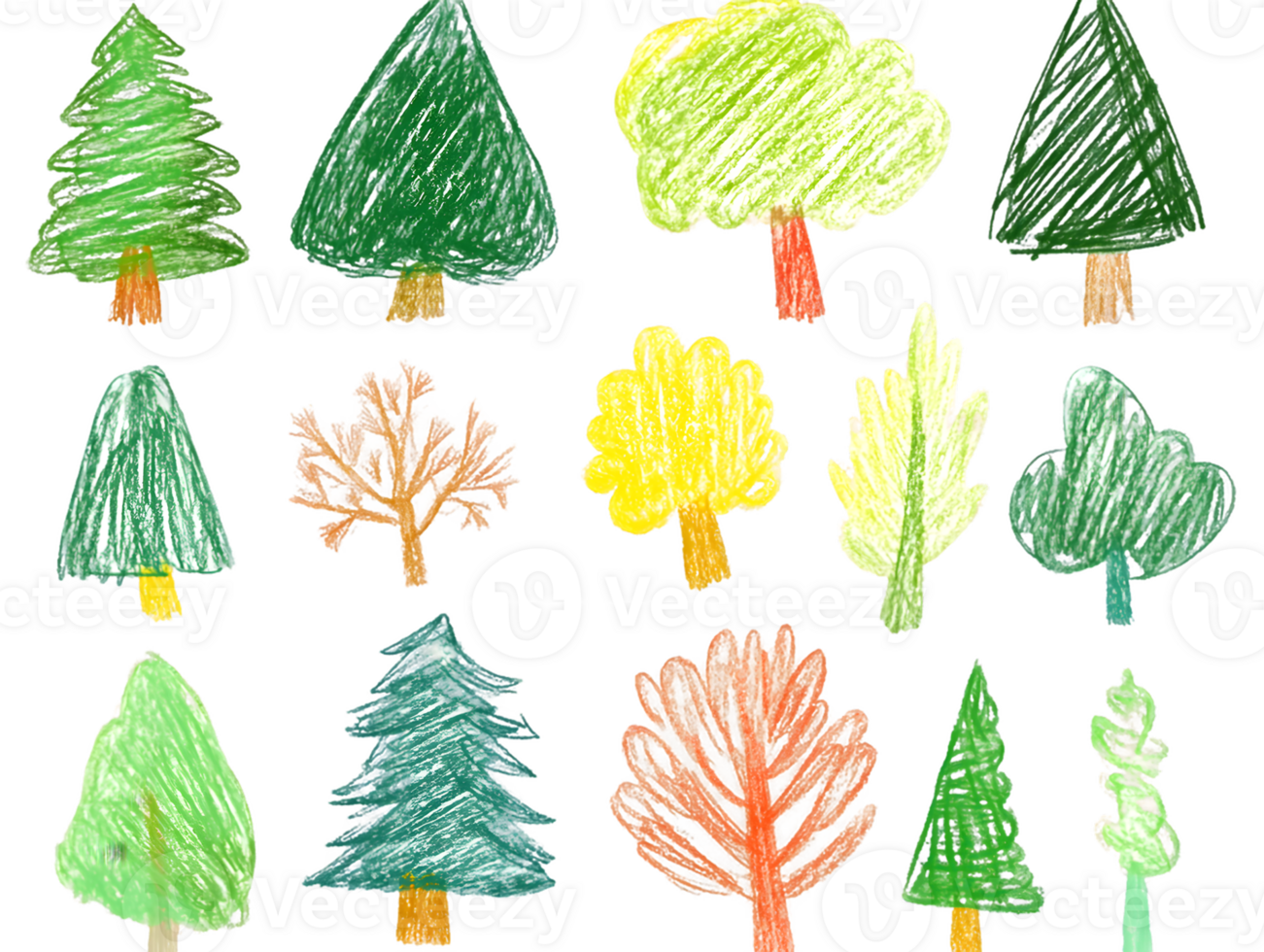 Colorful Crayon-Style Tree Illustrations Collection png