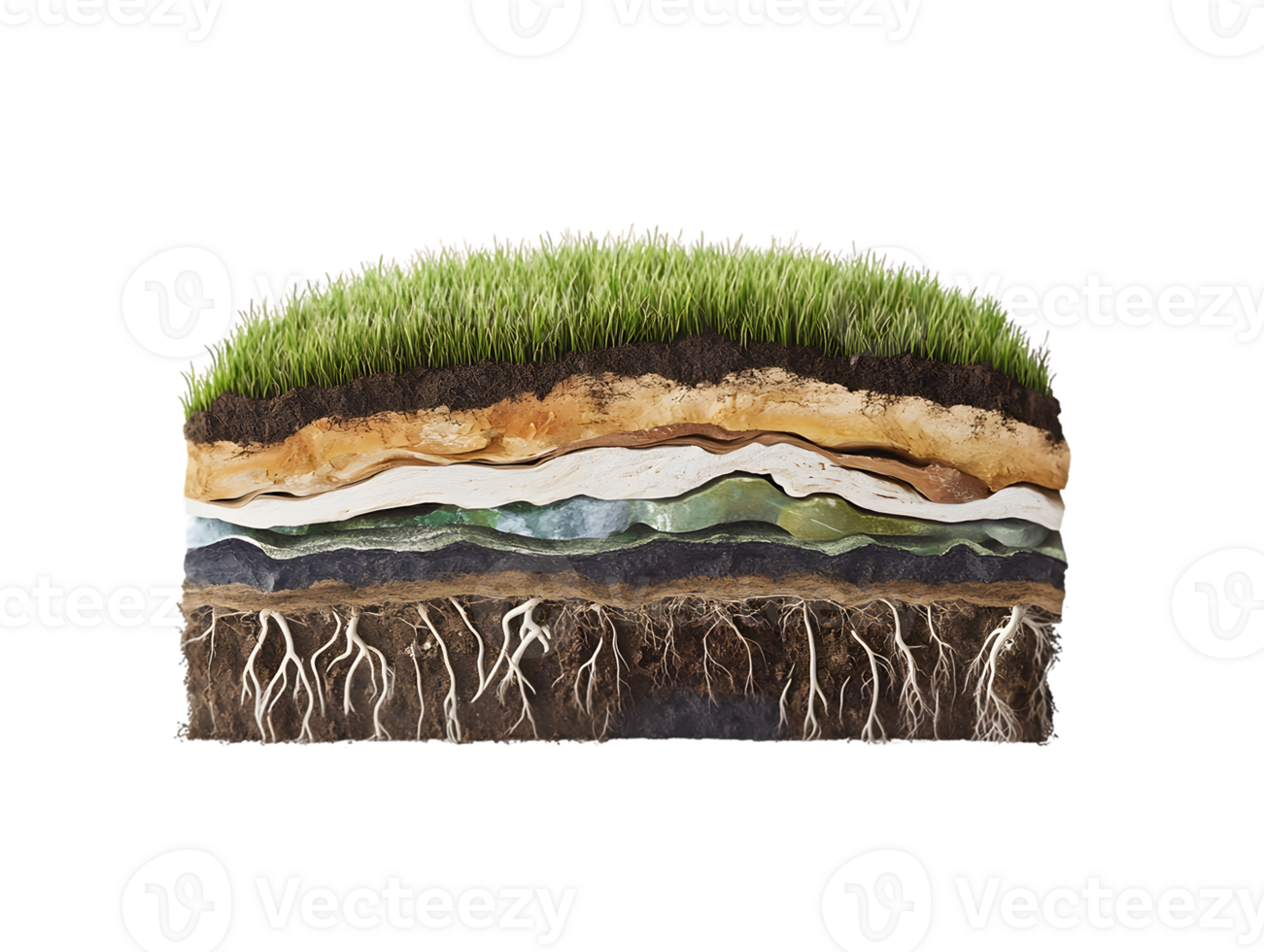 Cross Section of Soil Layers with Grass and Roots on Transparent Background png
