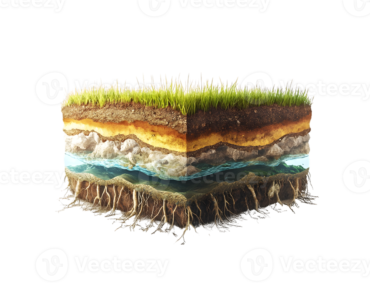 Detailed Cross Section of Soil Layers with Grass and Groundwater png