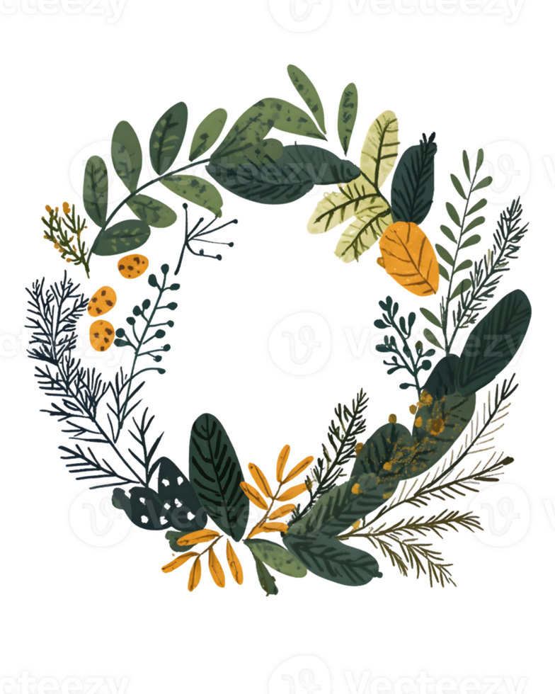 Dark Green and Mustard Yellow Autumnal Leaf Wreath on Transparent Background png
