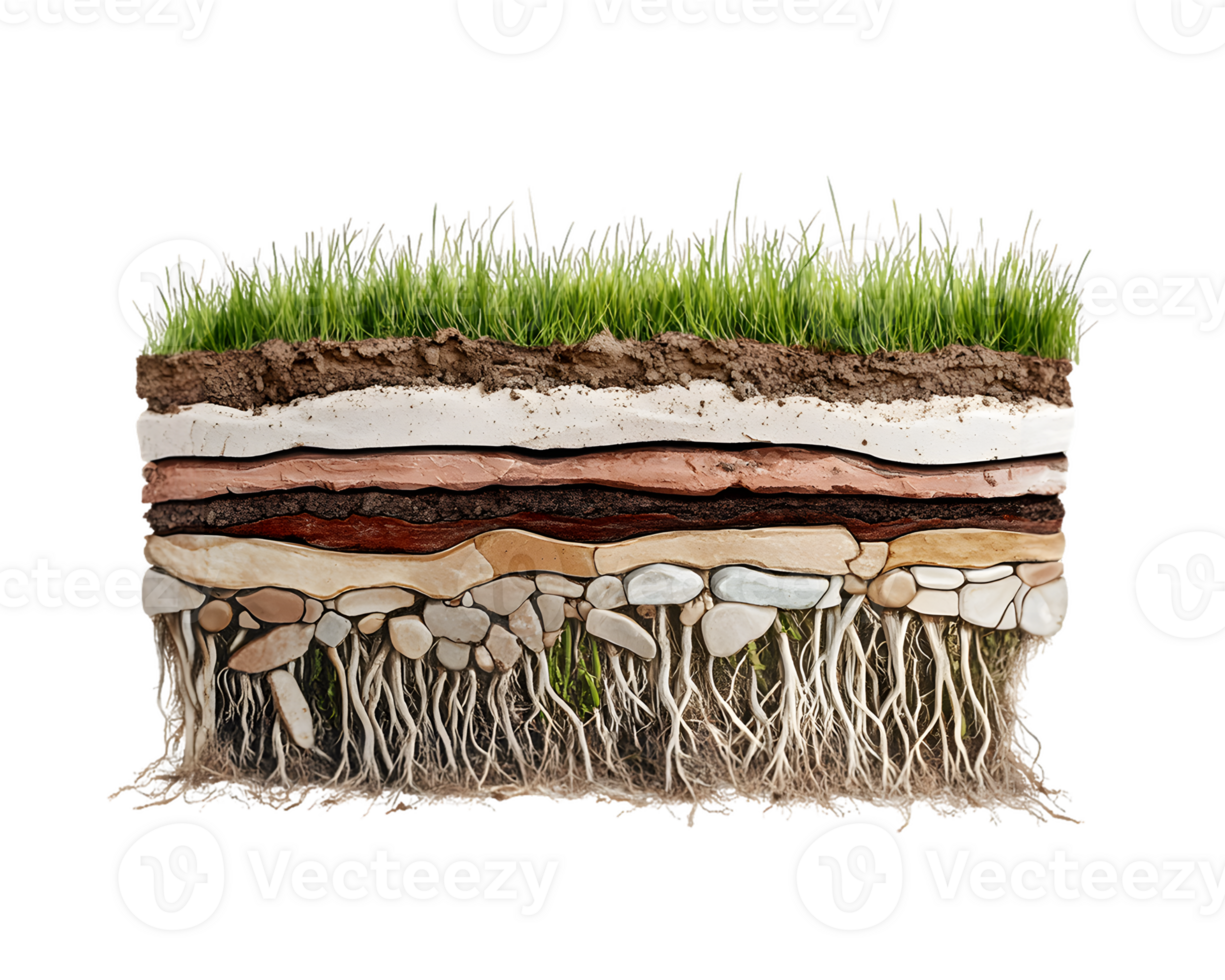 Detailed Cross Section of Soil Layers with Grass and Roots png