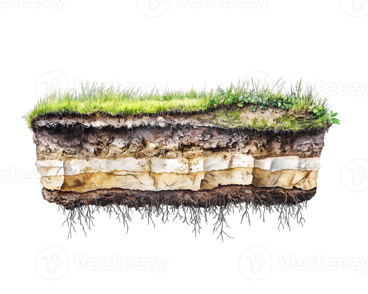 Detailed Soil Cross Section with Grass and Roots on Transparent Background png