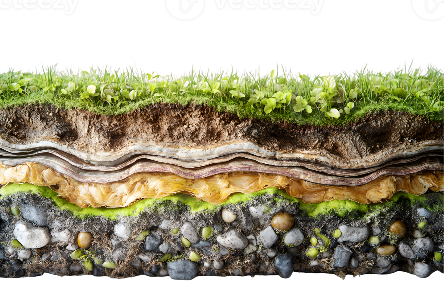 Detailed Cross Section of Soil Layers with Grass and Bedrock png