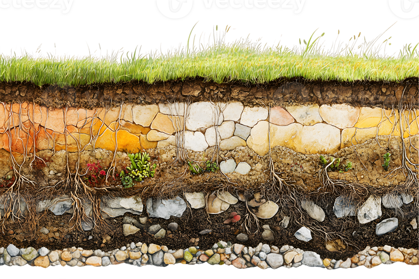 Detailed Cross Section of Soil Layers with Grass and Rocks png