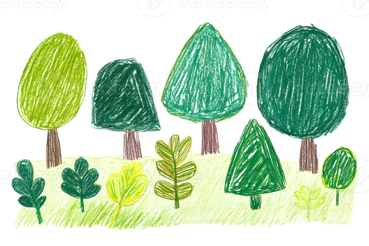 Green Trees and Plants Childlike Drawing png