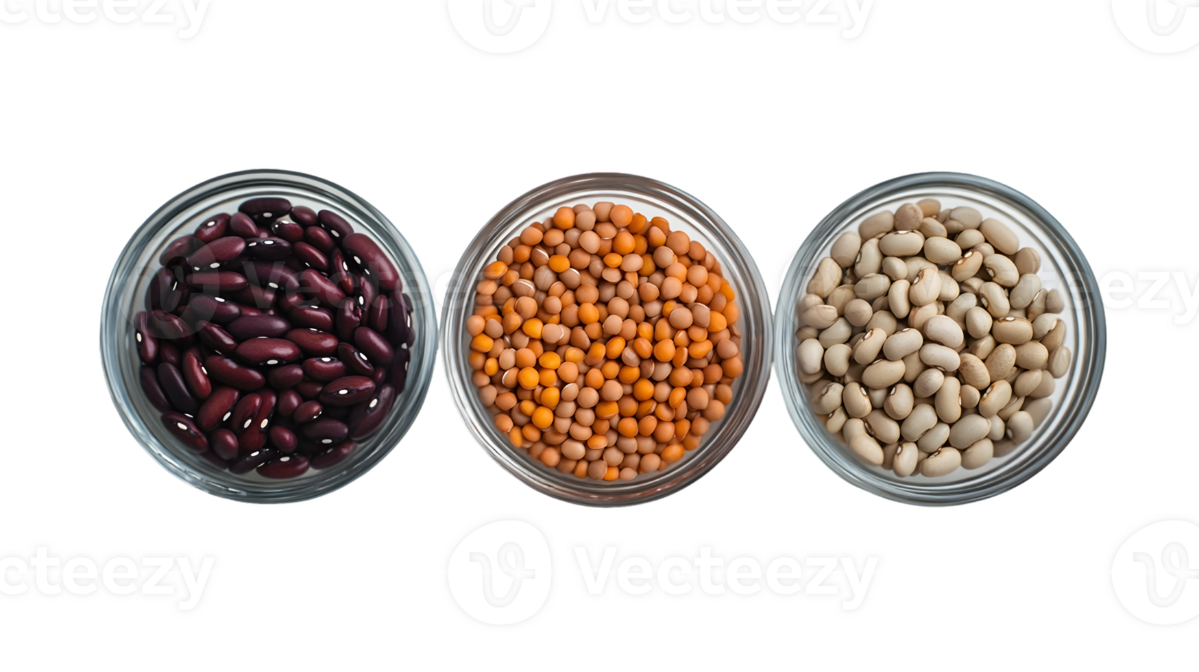 Overhead View of Three Bowls of Beans Red Kidney Beans, Lentils, and White Beans png