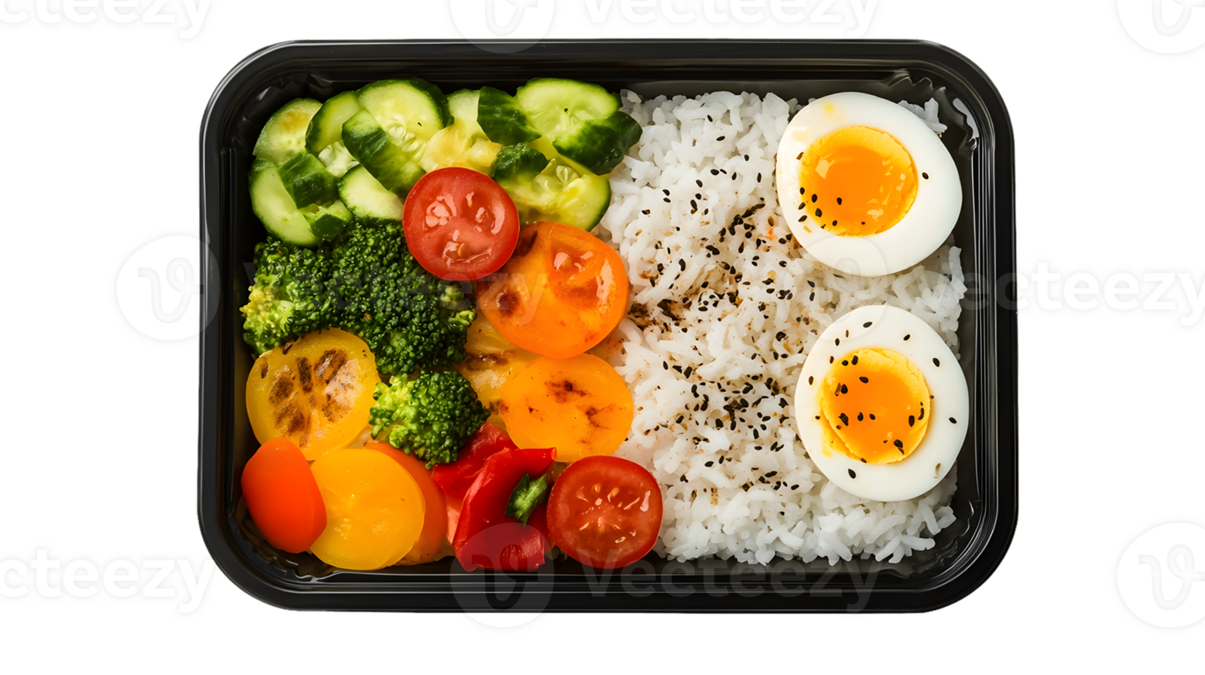 Overhead View of a Healthy Meal Prep Box with Rice, Eggs, and Grilled Vegetables png