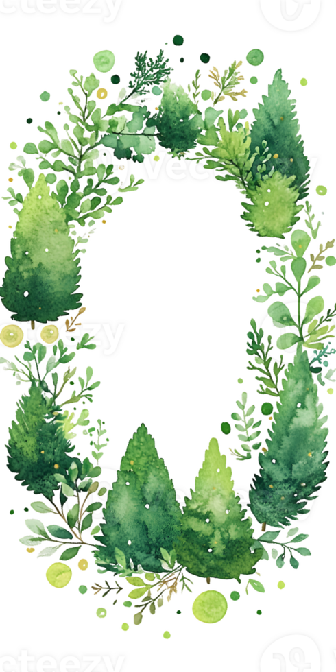 Lush Green Watercolor Wreath with Foliage and Trees png