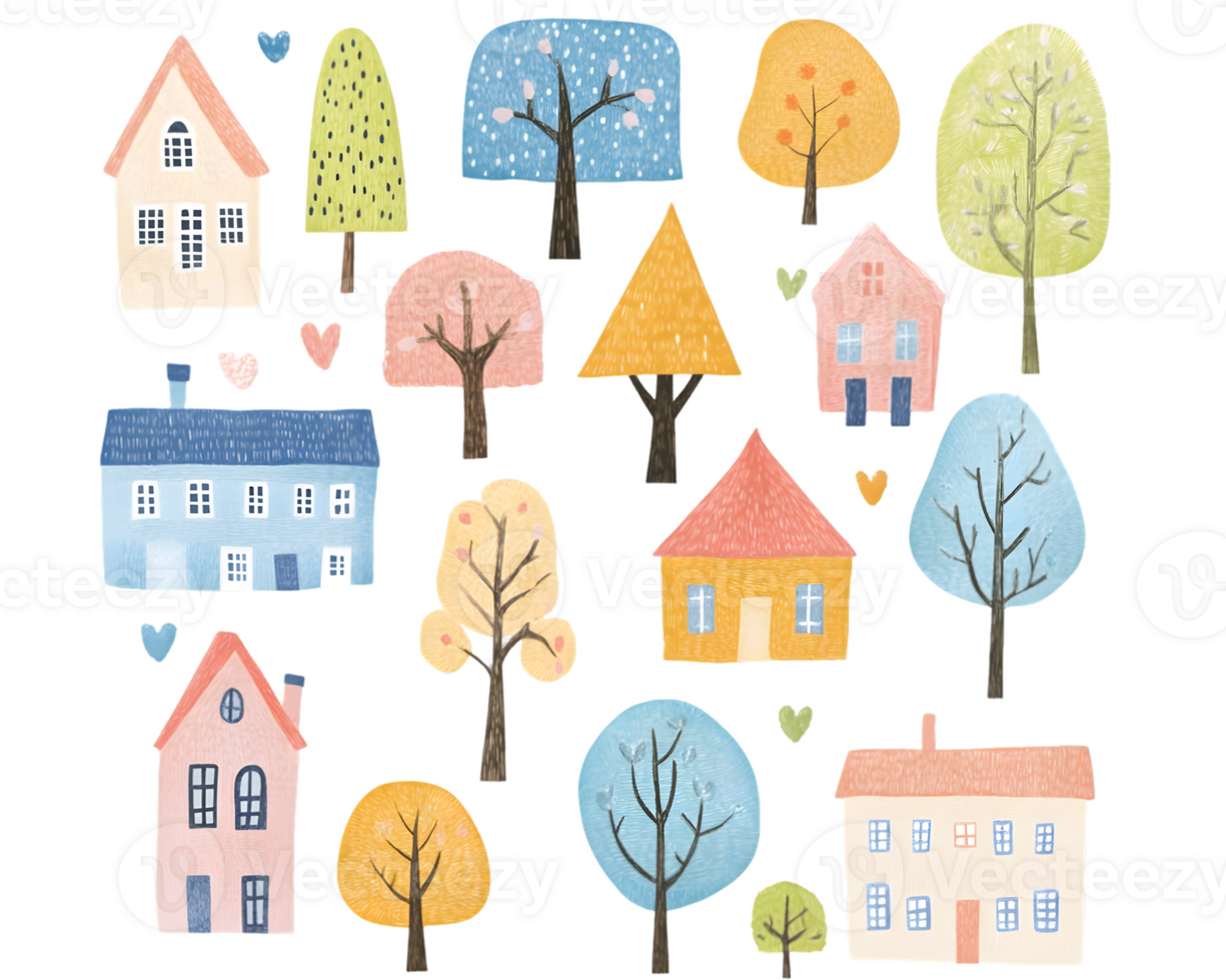 Houses and Trees Illustration on Transparent Background png