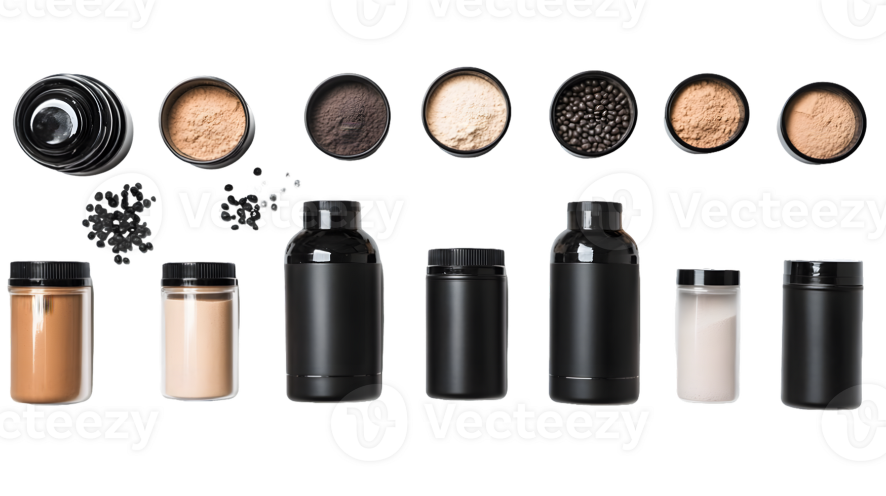 Various Powders and Supplements in Black Containers on White Background png