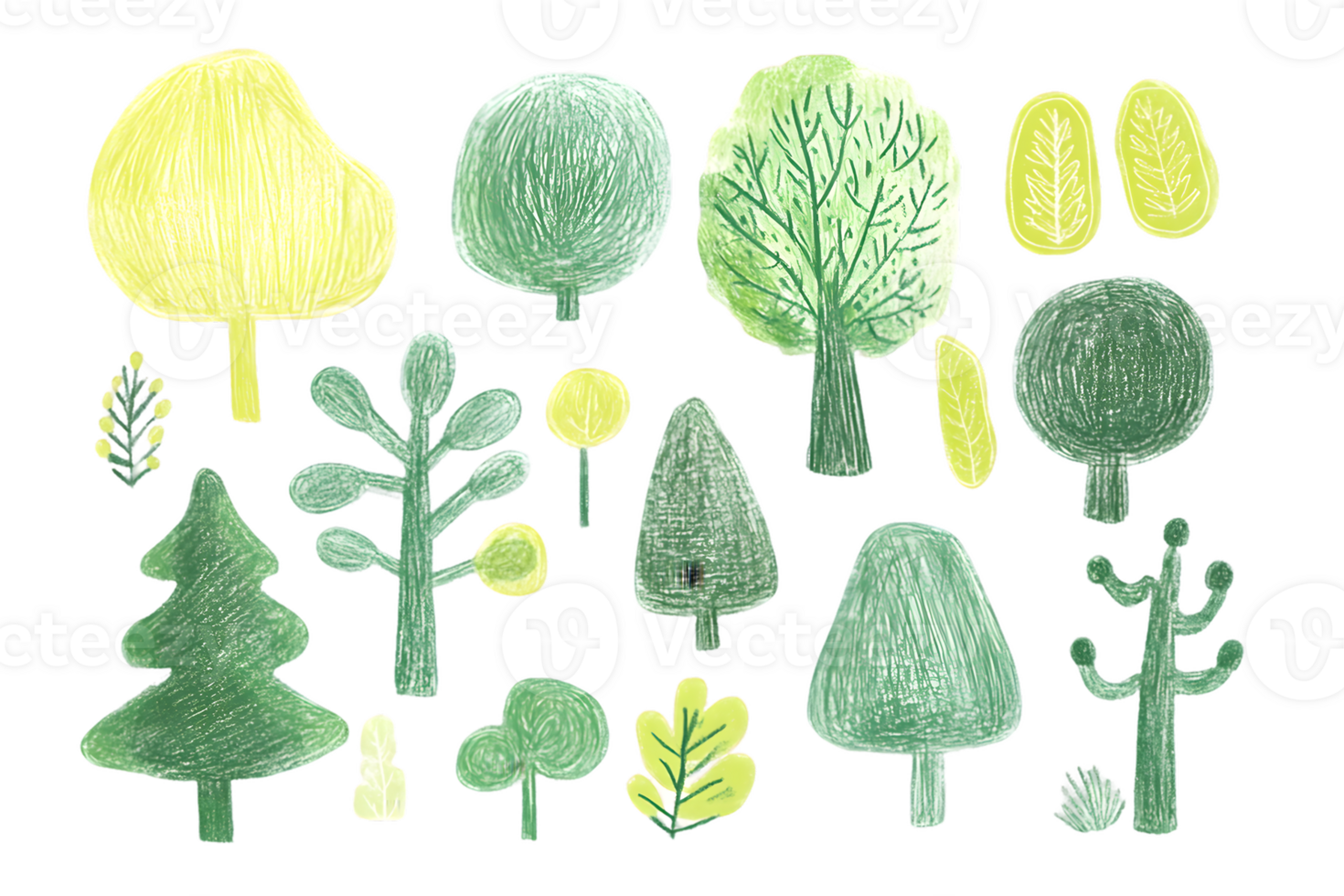 Whimsical Hand-Drawn Green and Yellow Trees Collection png