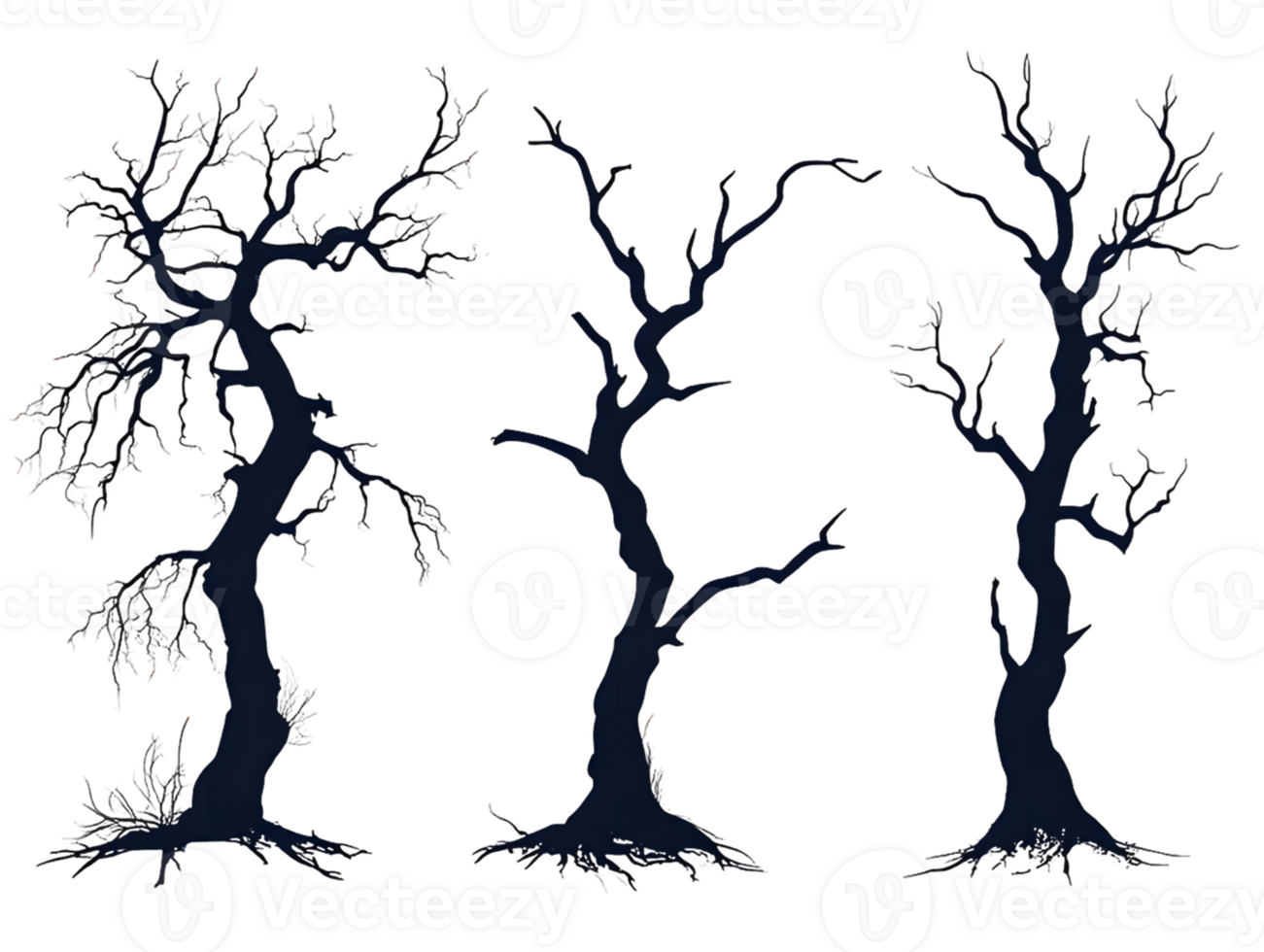 Three Dark Leafless Trees on a Transparent Background png