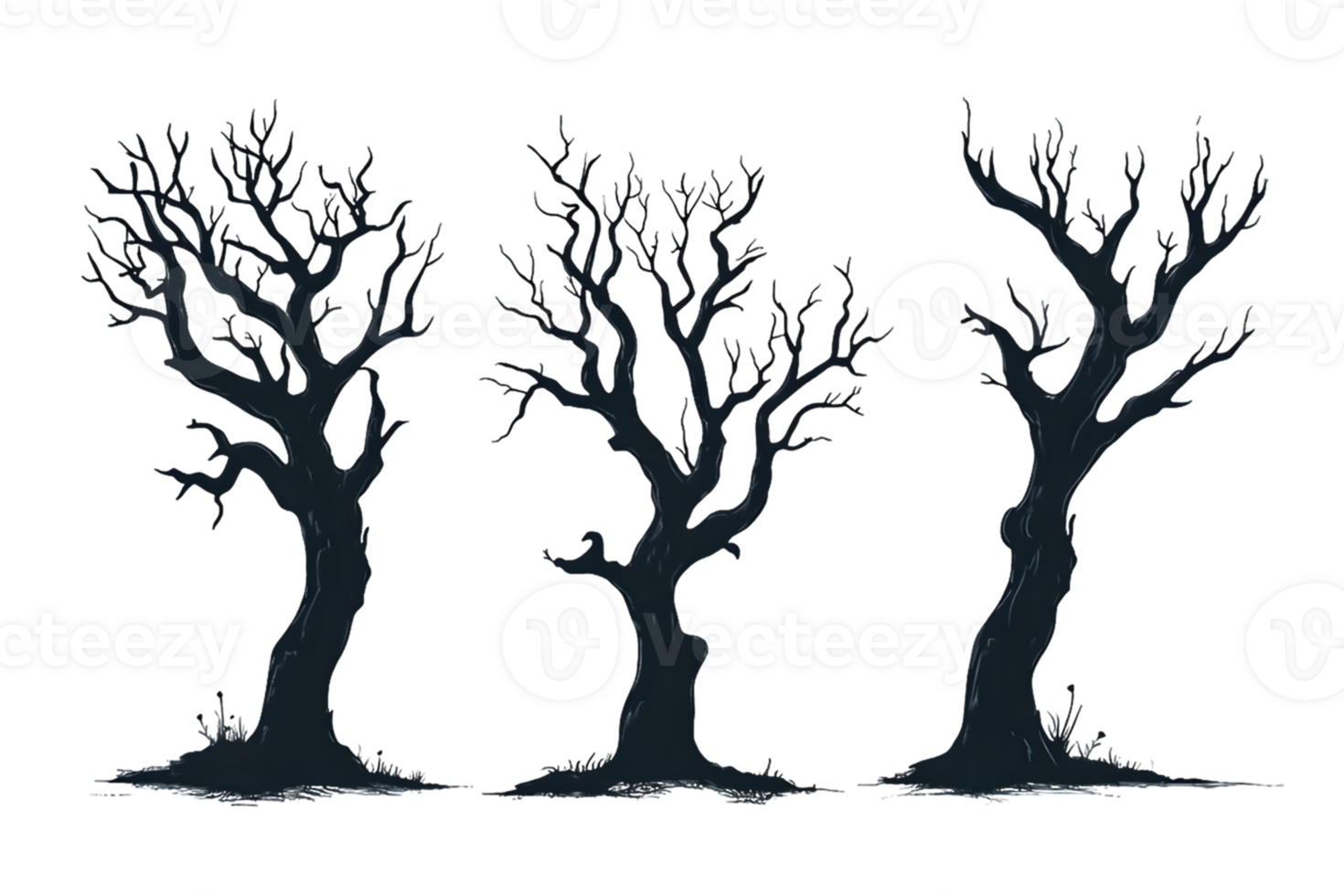 3 Silhouetted Bare Trees on Transparent Background png