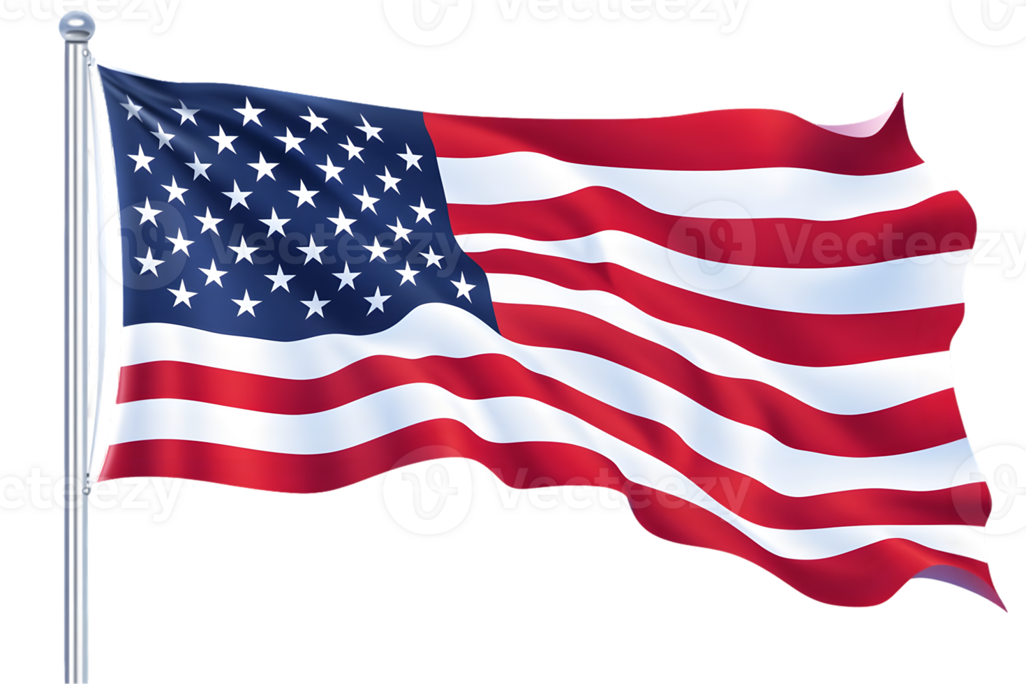 Waving American Flag on Flagpole, Transparent Background png