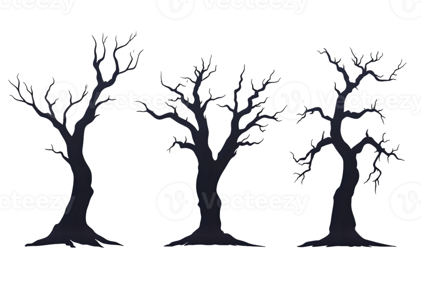 Three Dark Bare Trees with Sparkling Lights on Transparent Background png
