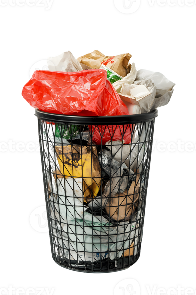 Black Wire Trash Can Overflowing with Crumpled Paper and Plastic Waste png
