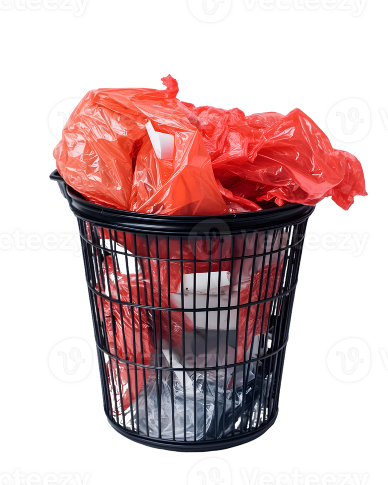 Crumpled Red Plastic Bags in a Black Metal Trash Can png
