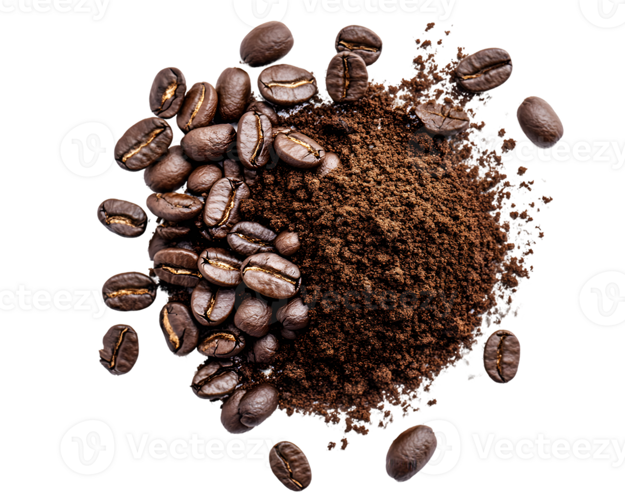 Dark Brown Coffee Beans and Ground Coffee Scattered on Transparent Background png