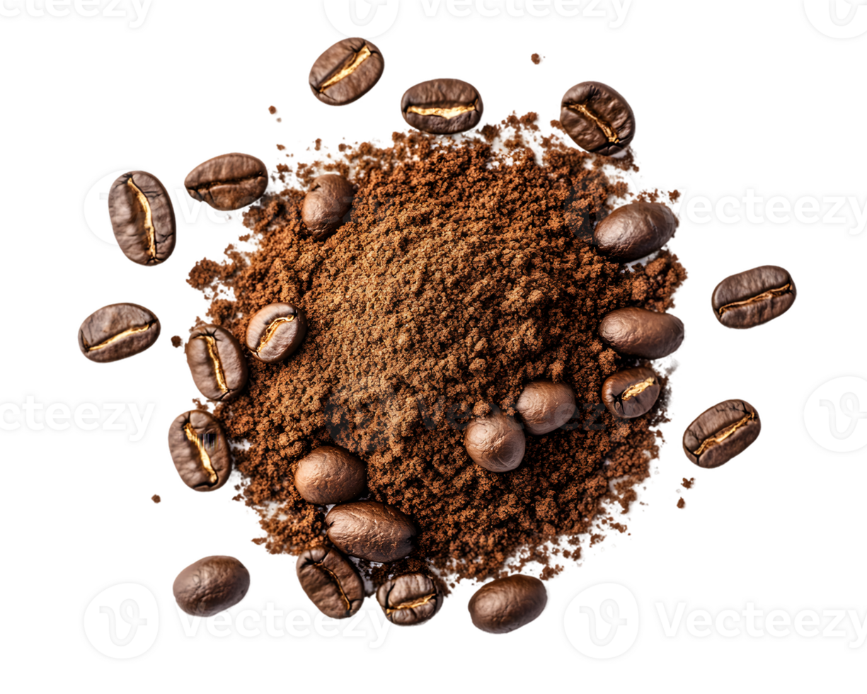 Dark Brown Coffee Grounds and Roasted Beans Overhead png