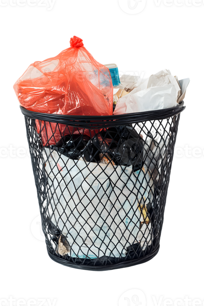 Full Shot of a Black Wire Trash Can Overflowing with Crumpled Paper and a Red Plastic Bag png