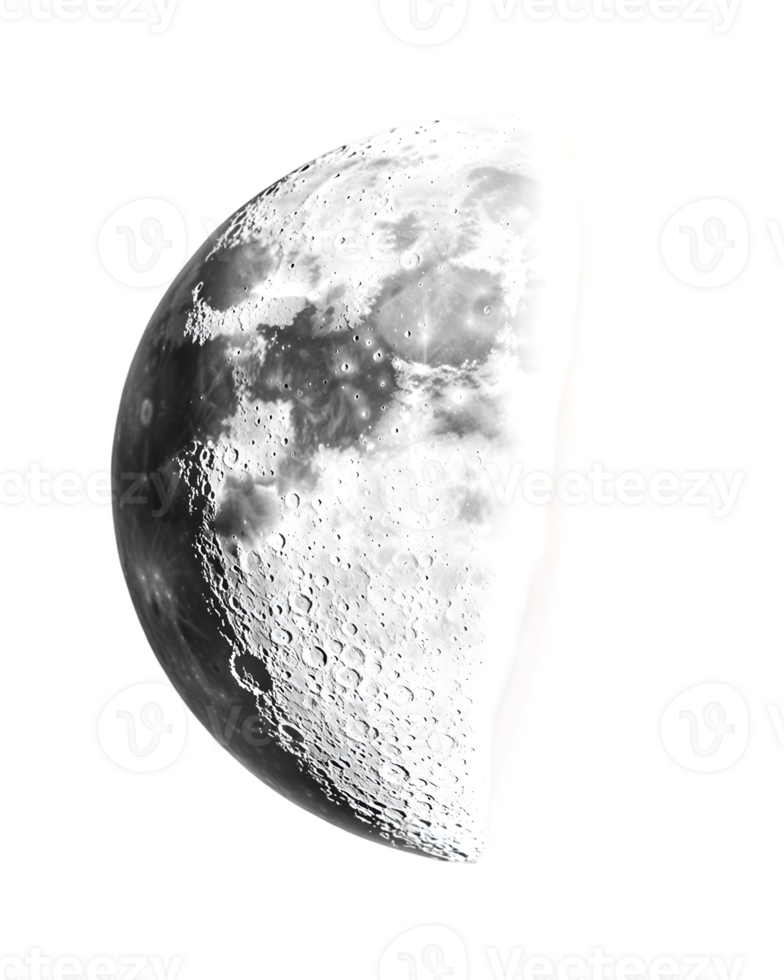 Grayscale Half Moon Image with Visible Craters on Transparent Background png