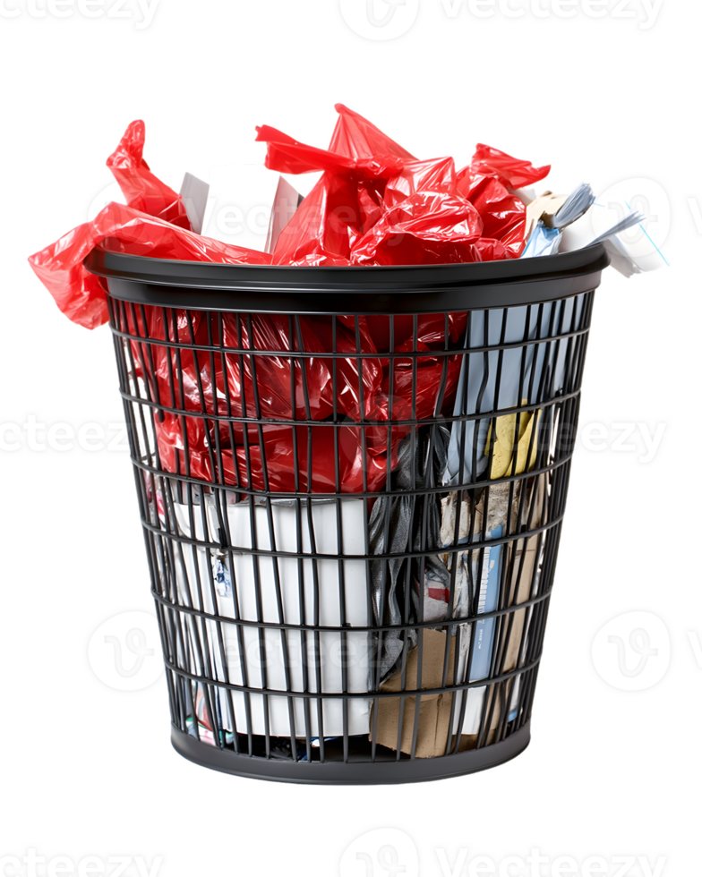 Overfilled Black Wire Trash Can with Crumpled Red and White Paper png