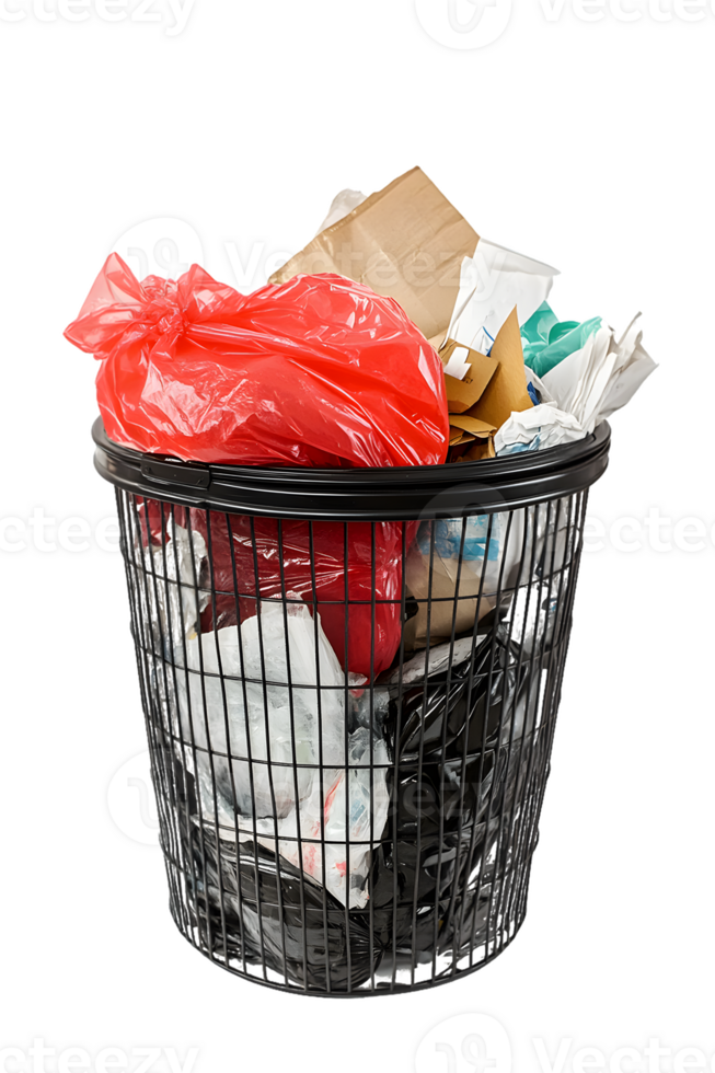 Overfilled Black Wire Trash Can with Crumpled Paper and Plastic Bags png
