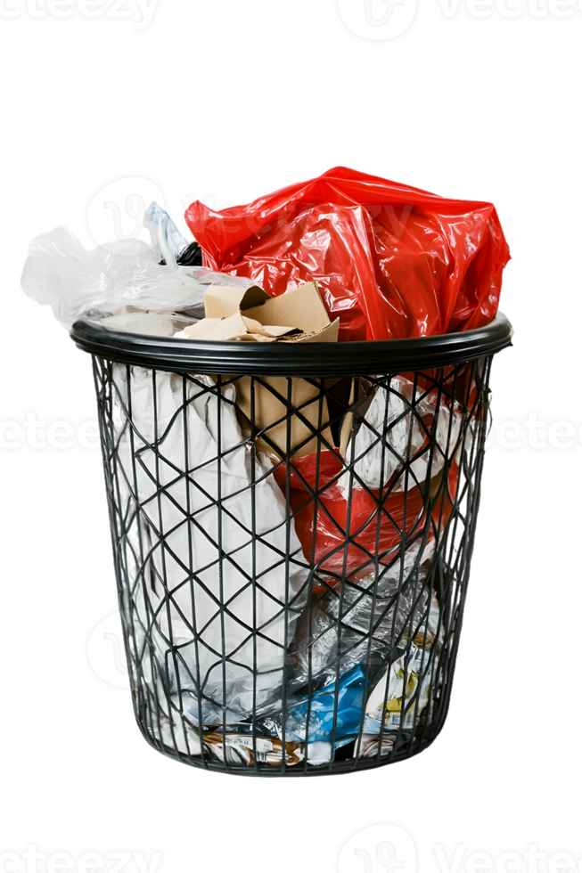 Overflowing Black Metal Trash Can with Plastic Bags and Cardboard Waste png