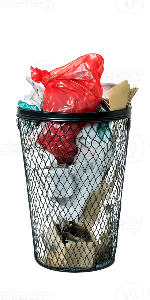 Overfilled Black Wire Trash Can with Red and White Plastic and Paper png