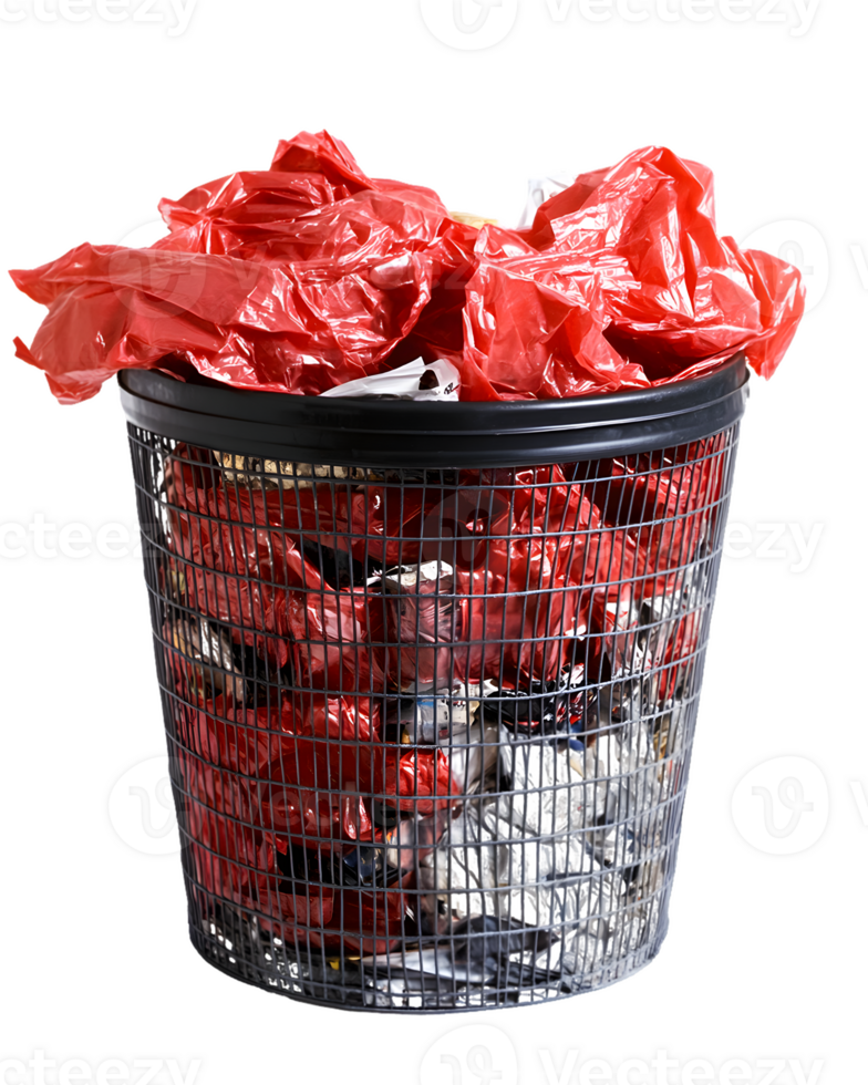 Overflowing Black Wire Trash Can with Crumpled Red Plastic Wrap png