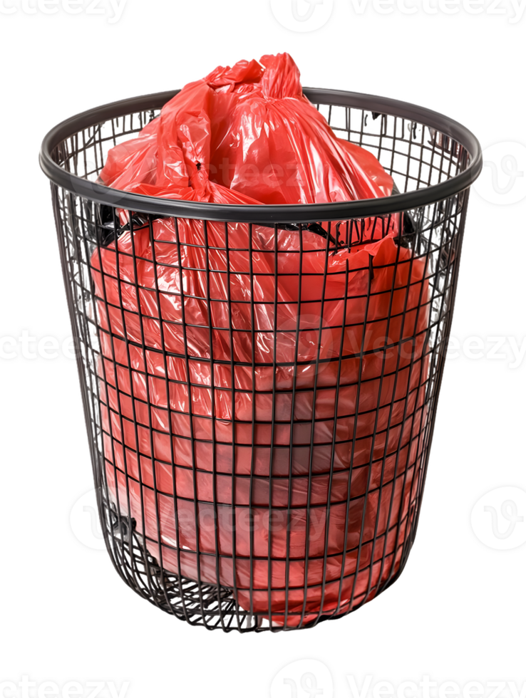 Red Plastic Bag in Black Wire Trash Can on Transparent Background png