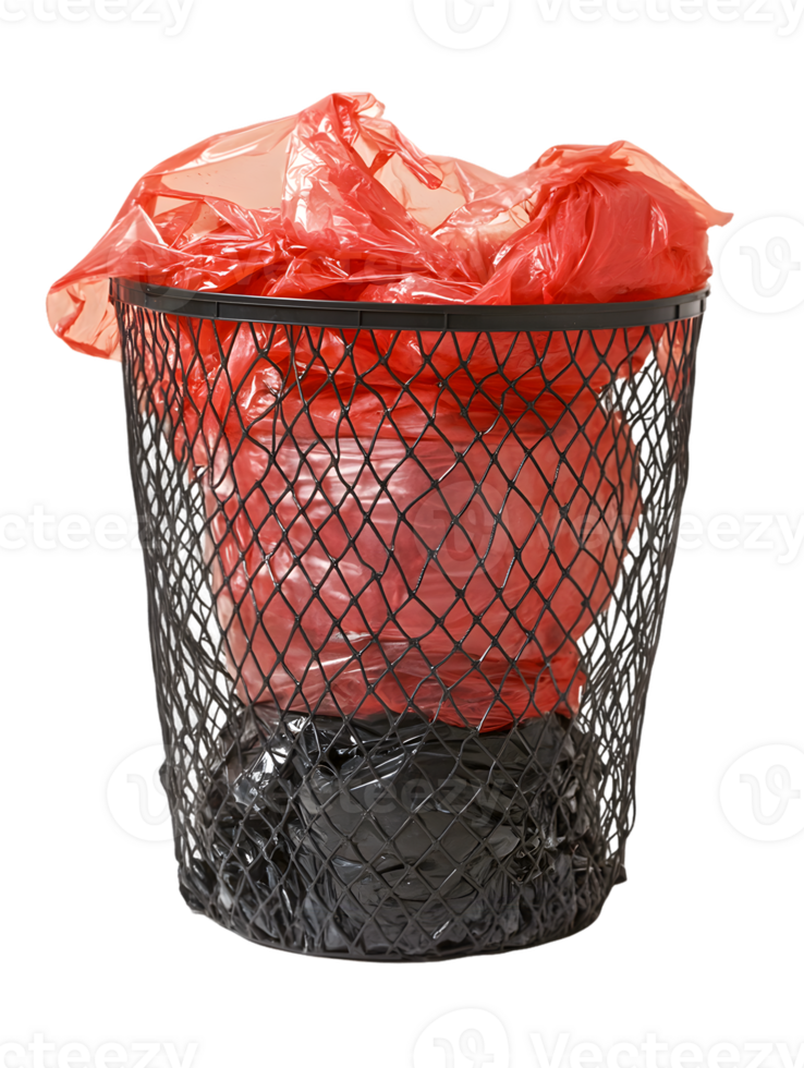 Red Plastic Bag Overflowing Black Wire Trash Can png