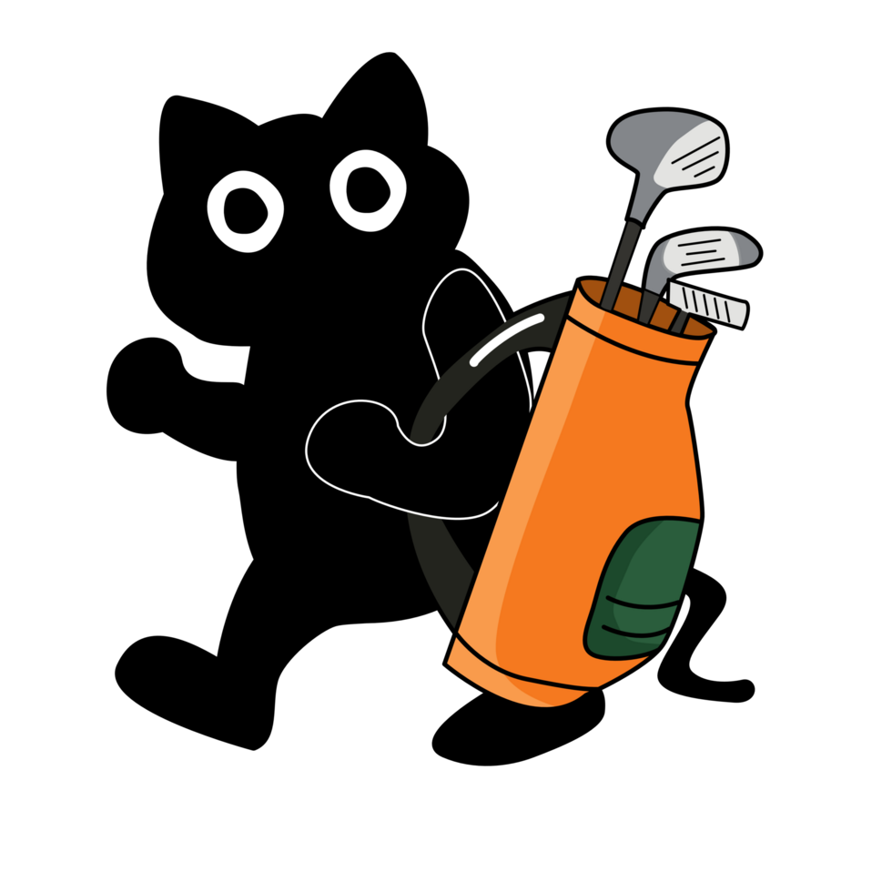 Cartoon black cat and Golf Bag with Clubs png