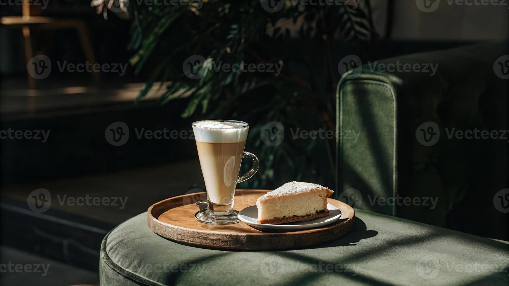Cozy Cafe Scene with Latte and Cheesecake on Wooden Tray in Sunlit Setting, Perfect for Coffee Shop Branding, Food Photography, Dessert Promotions, and Relaxing Atmosphere Concepts photo