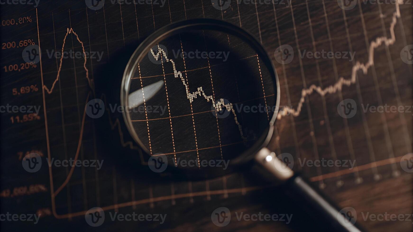 Magnifying Glass Focused on Stock Market Graph, Representing Financial Analysis, Market Trends, Investment Research, Data Visualization, Economic Fluctuations, and Trading Insights photo