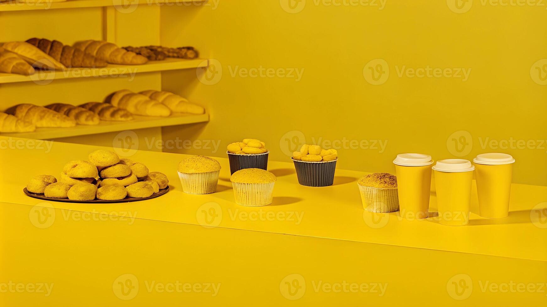 Bright Yellow Bakery Display with Muffins, Pastries, and Coffee Cups, Ideal for Cafe Promotions, Bakery Advertising, Food Industry Branding, and Minimalist Culinary Concepts photo