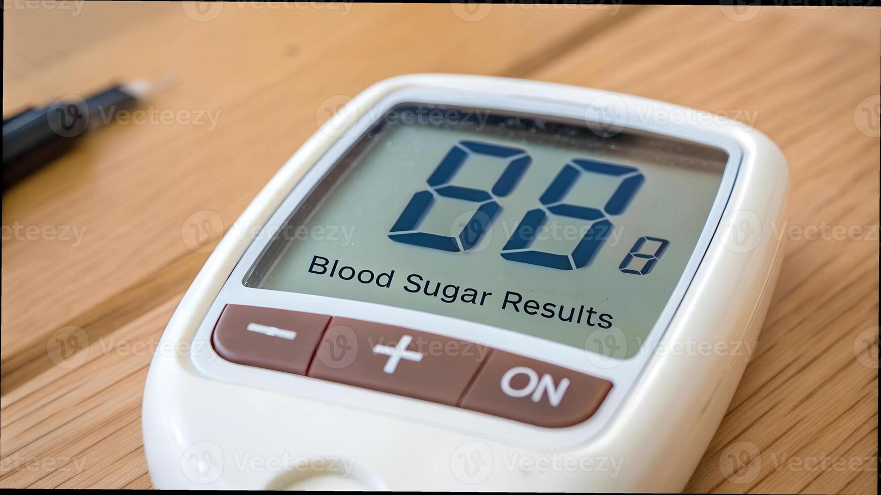 Close-up of a digital blood sugar monitor showing a glucose reading, used for diabetes management and monitoring blood sugar levels. photo
