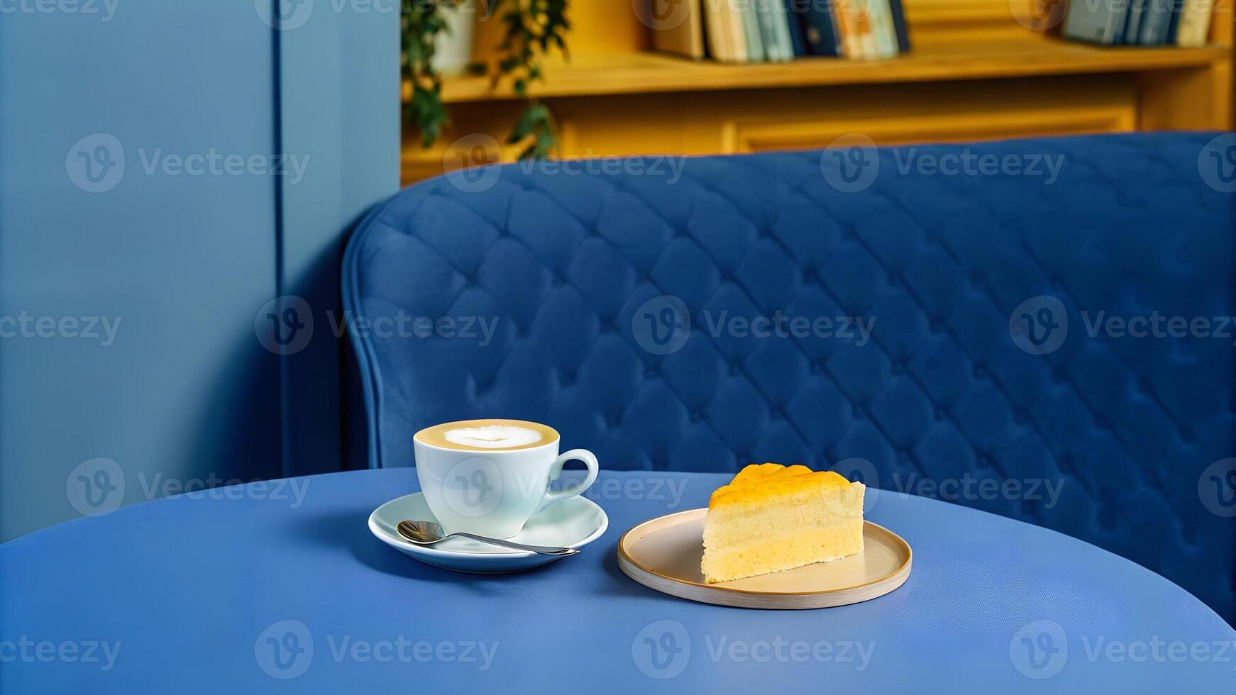 Cappuccino and Slice of Cake on Blue Table with Velvet Seating, Ideal for Cafe Branding, Dessert Advertising, Cozy Ambiance Photography, and Coffee Shop Promotions photo