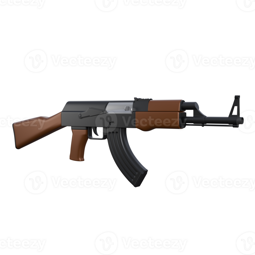 3d render of AK-47 or AK 47 with black steel and brown wood color png