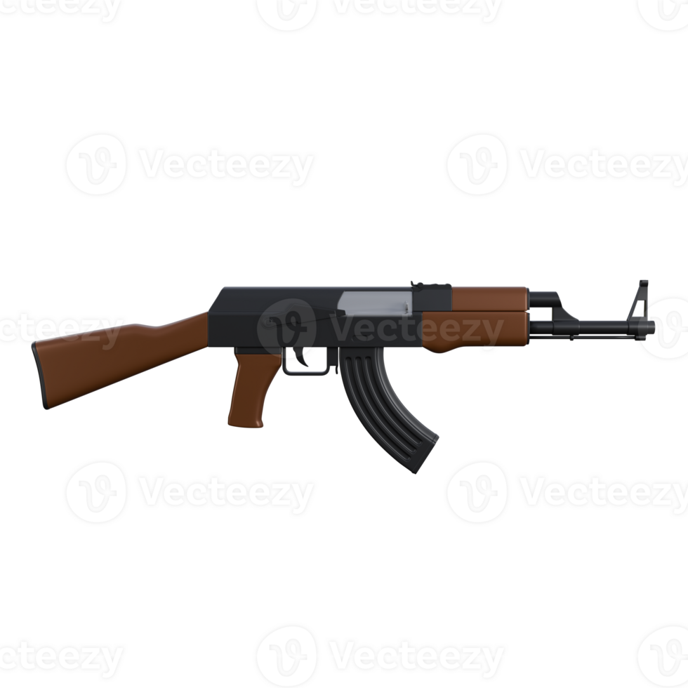 3d illustration of AK-47 or AK 47 with black steel and brown wood color png