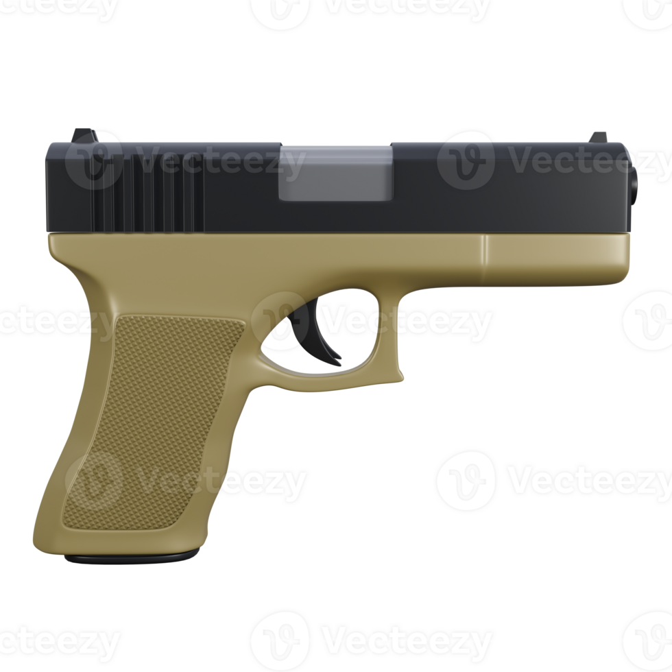 Professional 3D Visualization of a Glock Firearm for Defense, 3d illustration of glock 17 or 19 with brown and black color, military handgun. png