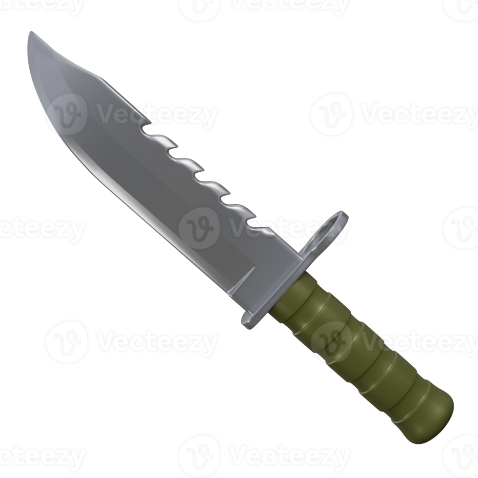 3D render of Military Knife or Bayonet with silver and green color, military knife for combat png