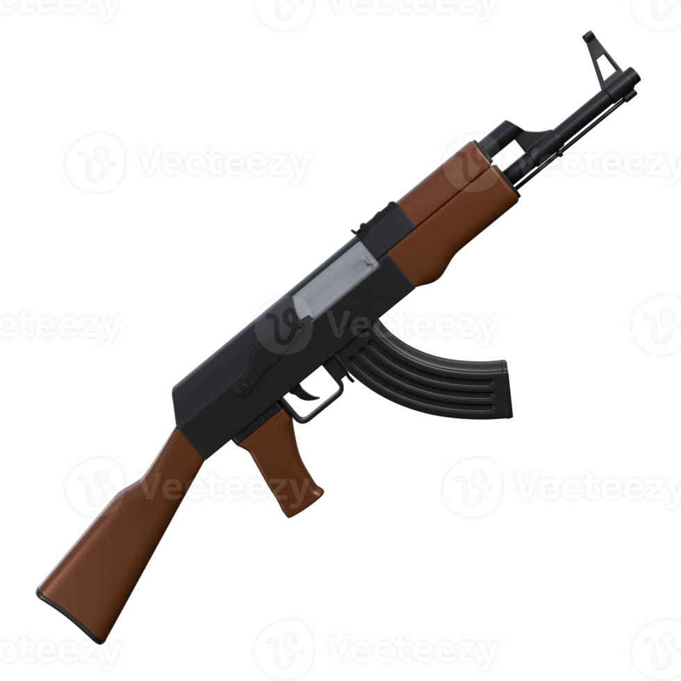 3d illustration of AK-47 with black steel and brown wood color png