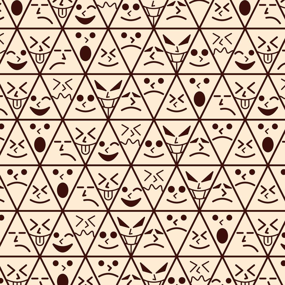 Expressive faces pattern in triangles, abstract design in brown and beige tones vector